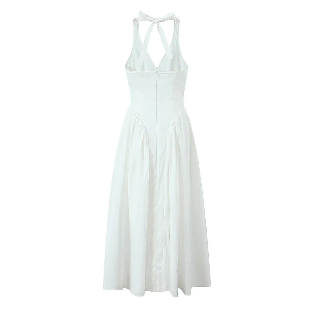 White Bow Halter Pleated Midi Dress