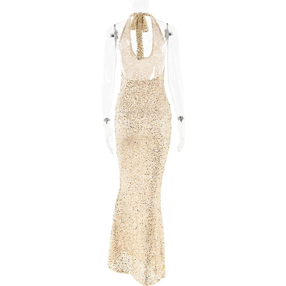 Open Back Sequins Halter Maxi Dress