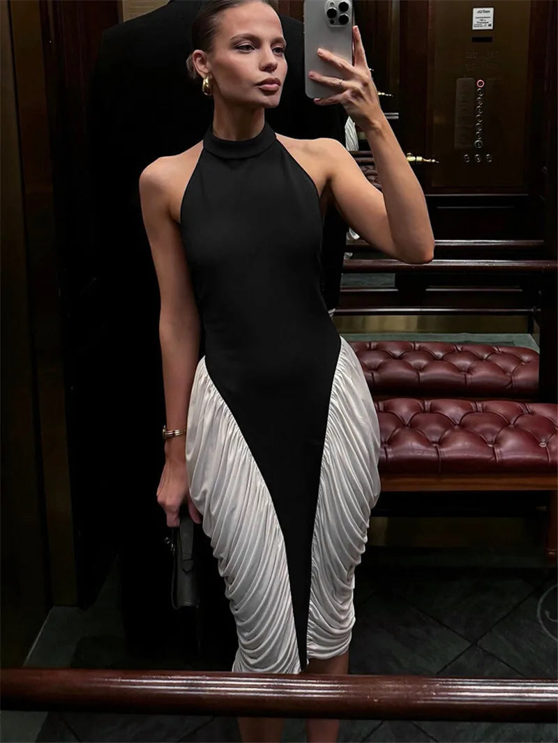 Patchwork Halter Pleated Contrast Midi Dress