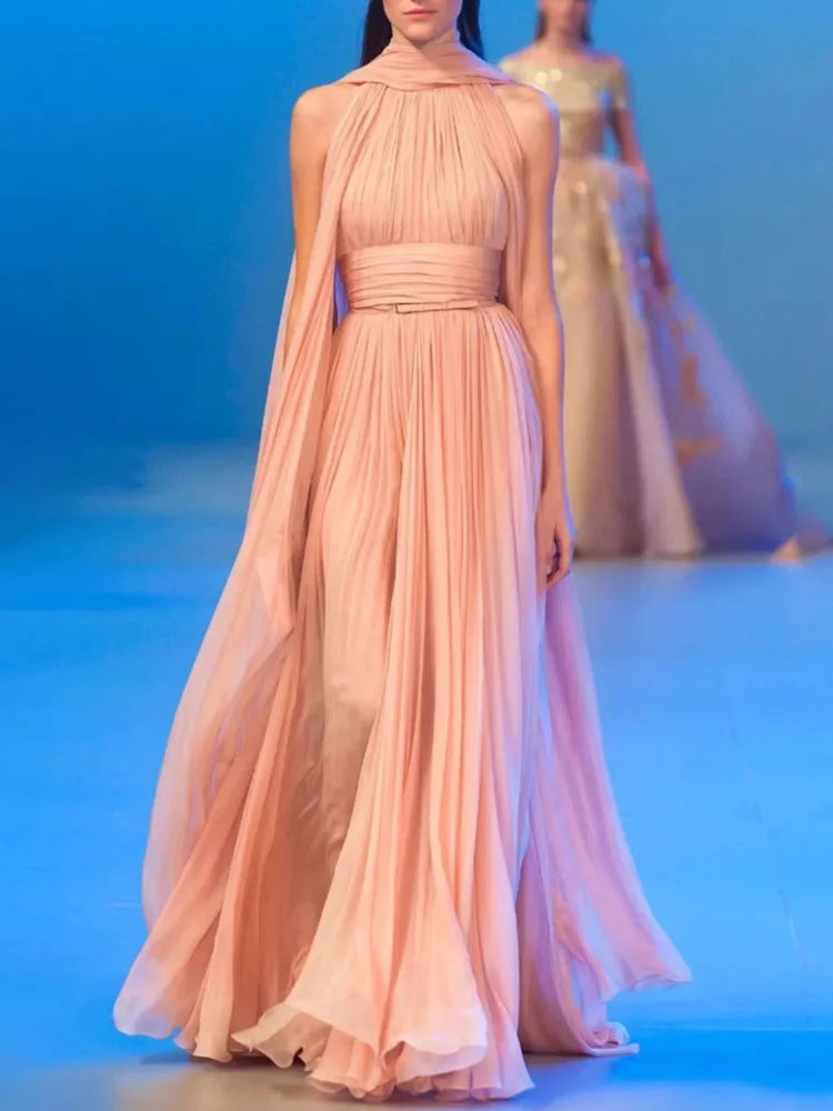 Ribbon Sleeveless Pleated Solid Long Party Dress