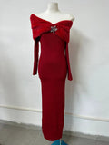 Patchwork Fur Collar Slash Neck Diamond Party Dress