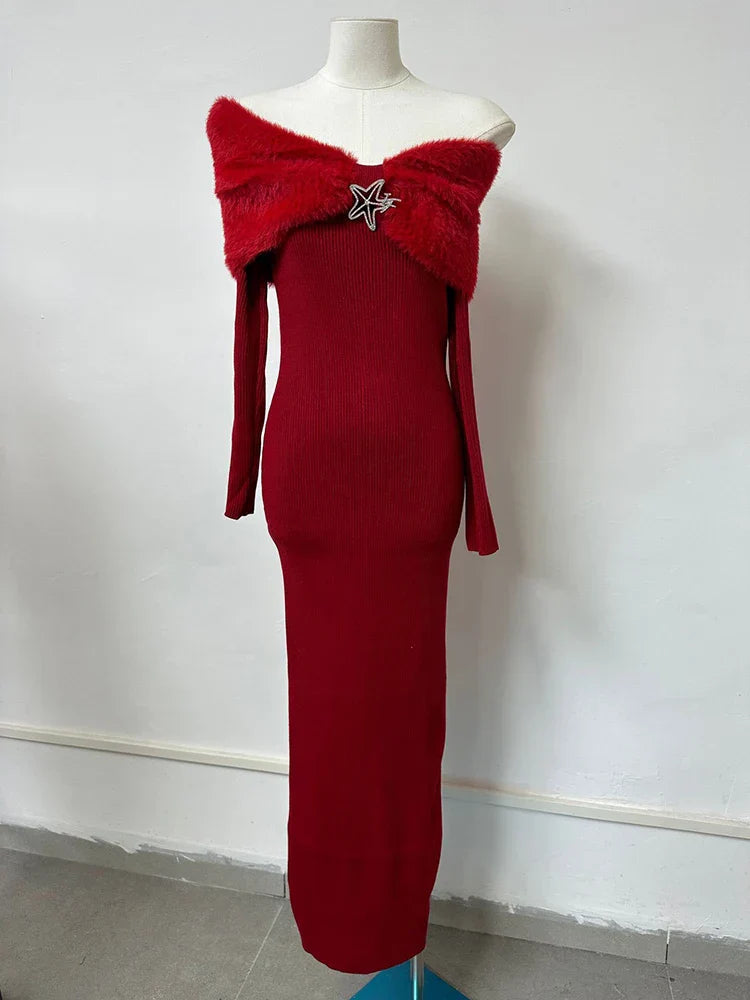 Patchwork Fur Collar Slash Neck Diamond Party Dress