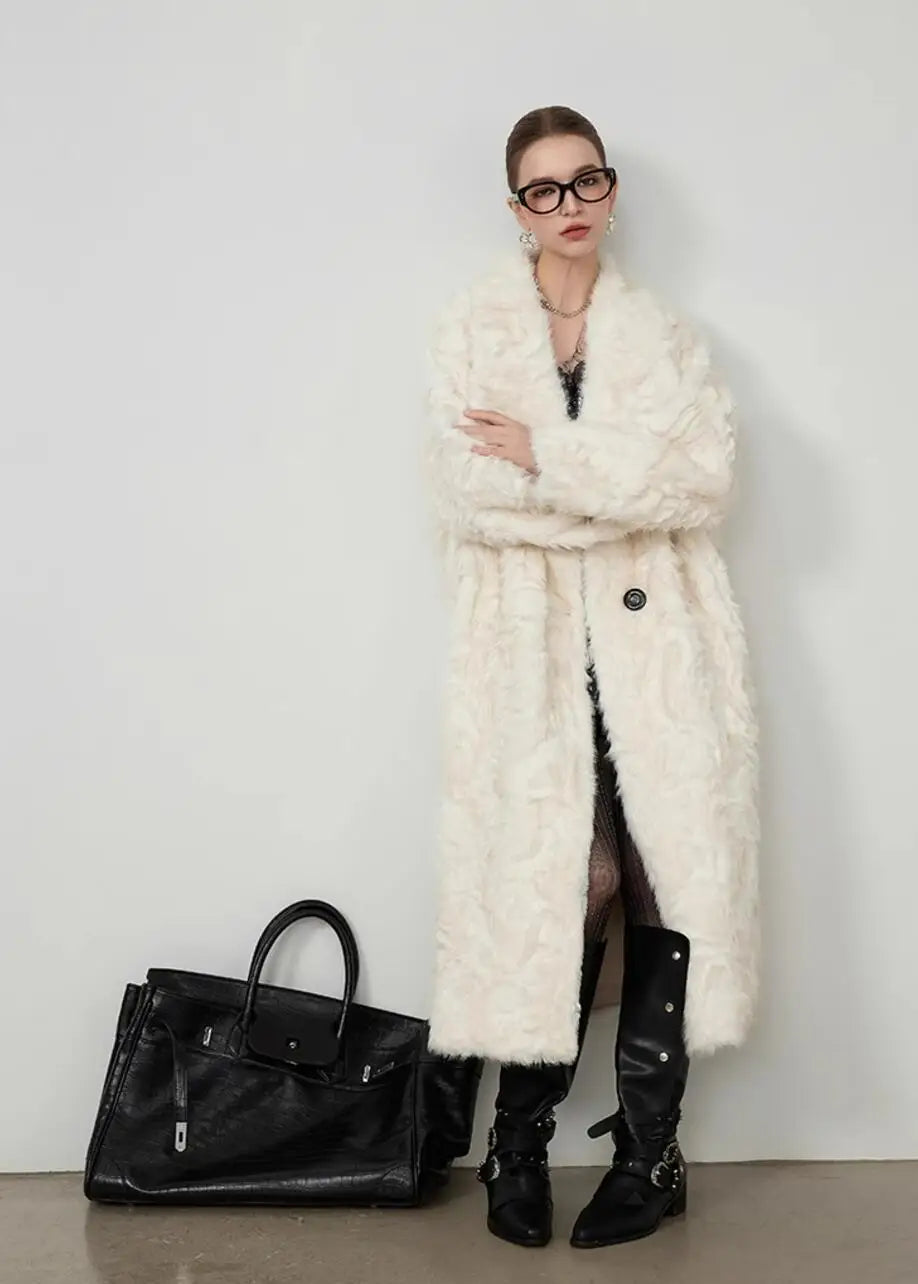 Large Lapel Shaggy Faux Fur Long Party Dress