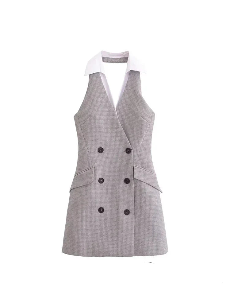 Plaid Halter Sleeveless Button Chic Mini Dress