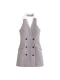 Plaid Halter Sleeveless Button Chic Mini Dress