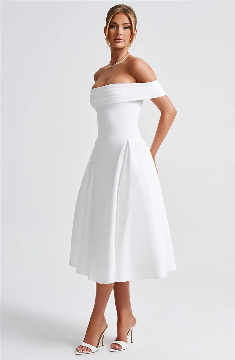 Off Shoulder Flared Elegant Midi Dress