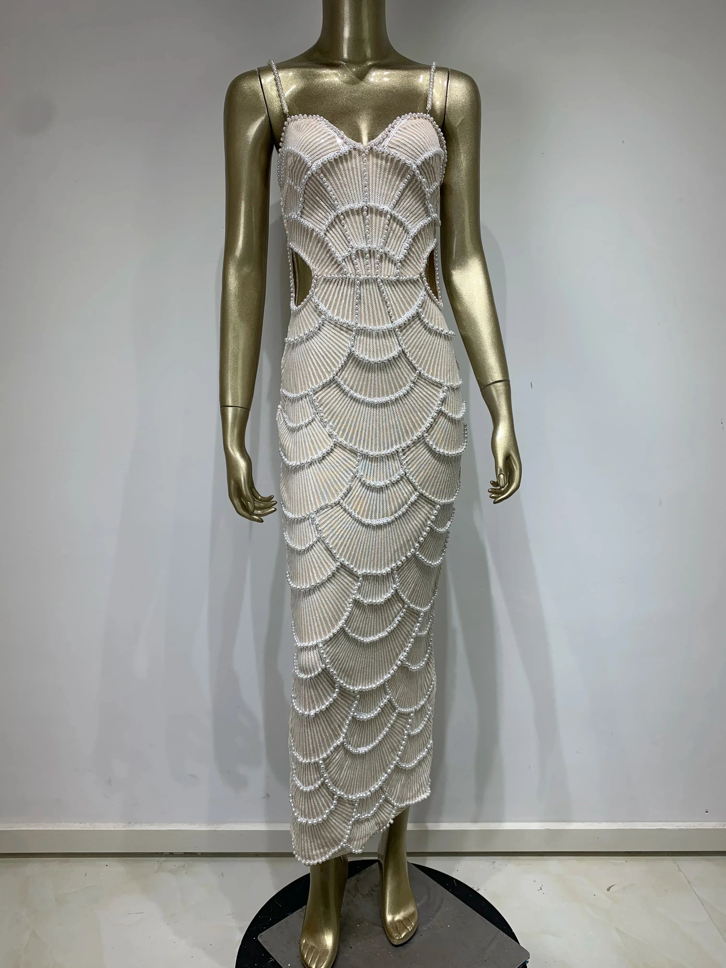 V-Neck White Pearl Beading Maxi Dress