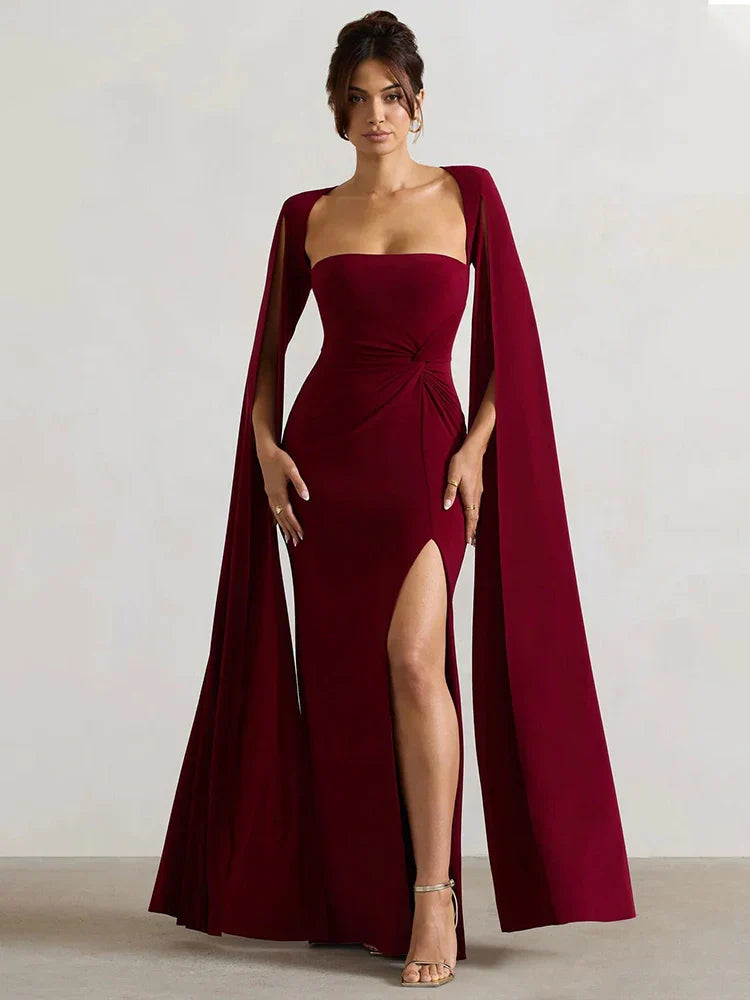 Cape Sleeve High Split Elegant Maxi Dress
