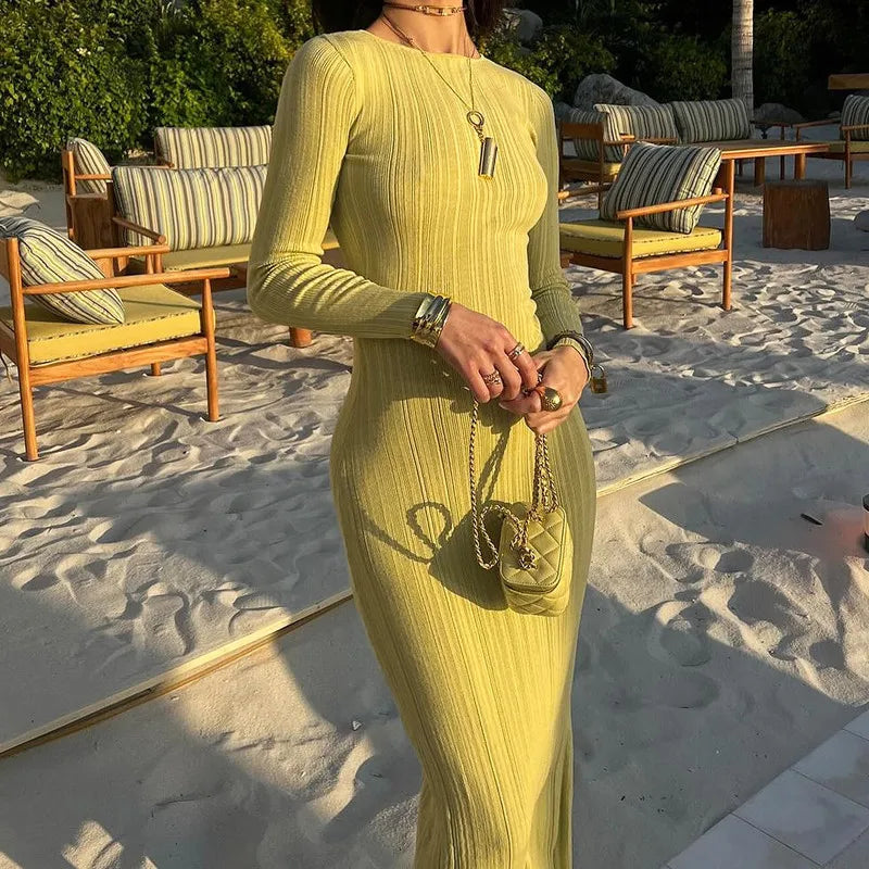 Ribbed Long Sleeve Slim Maxi Dress