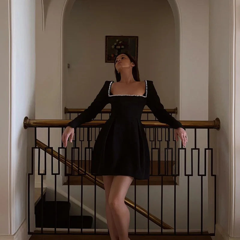 Pearl Square Neck Long Sleeve Elegant Mini Dress
