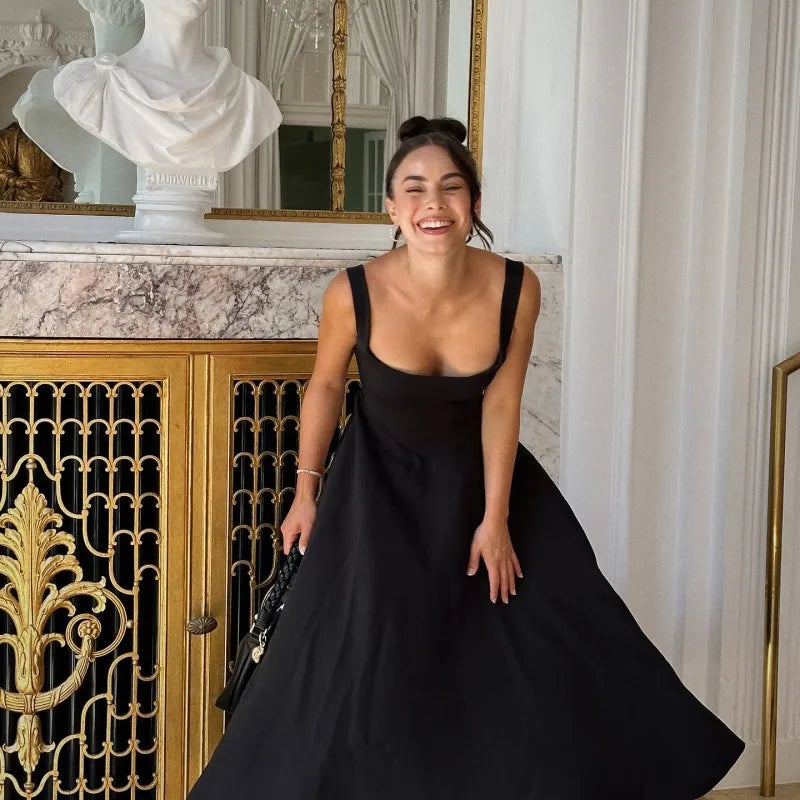 Square Neck Black Strap Spaghetti Maxi Dress