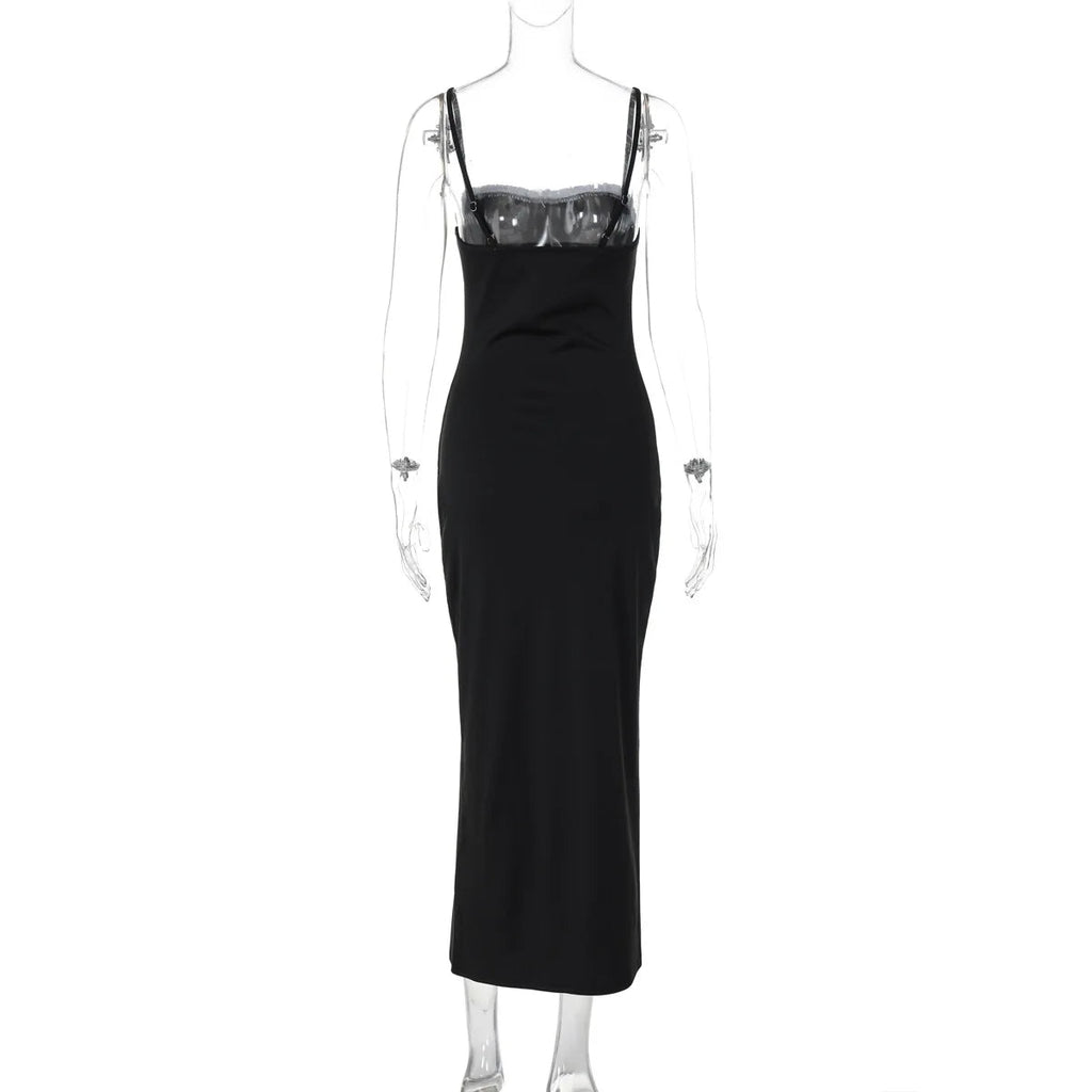 Open Back Lace Patchwork Black Strap Maxi Dress