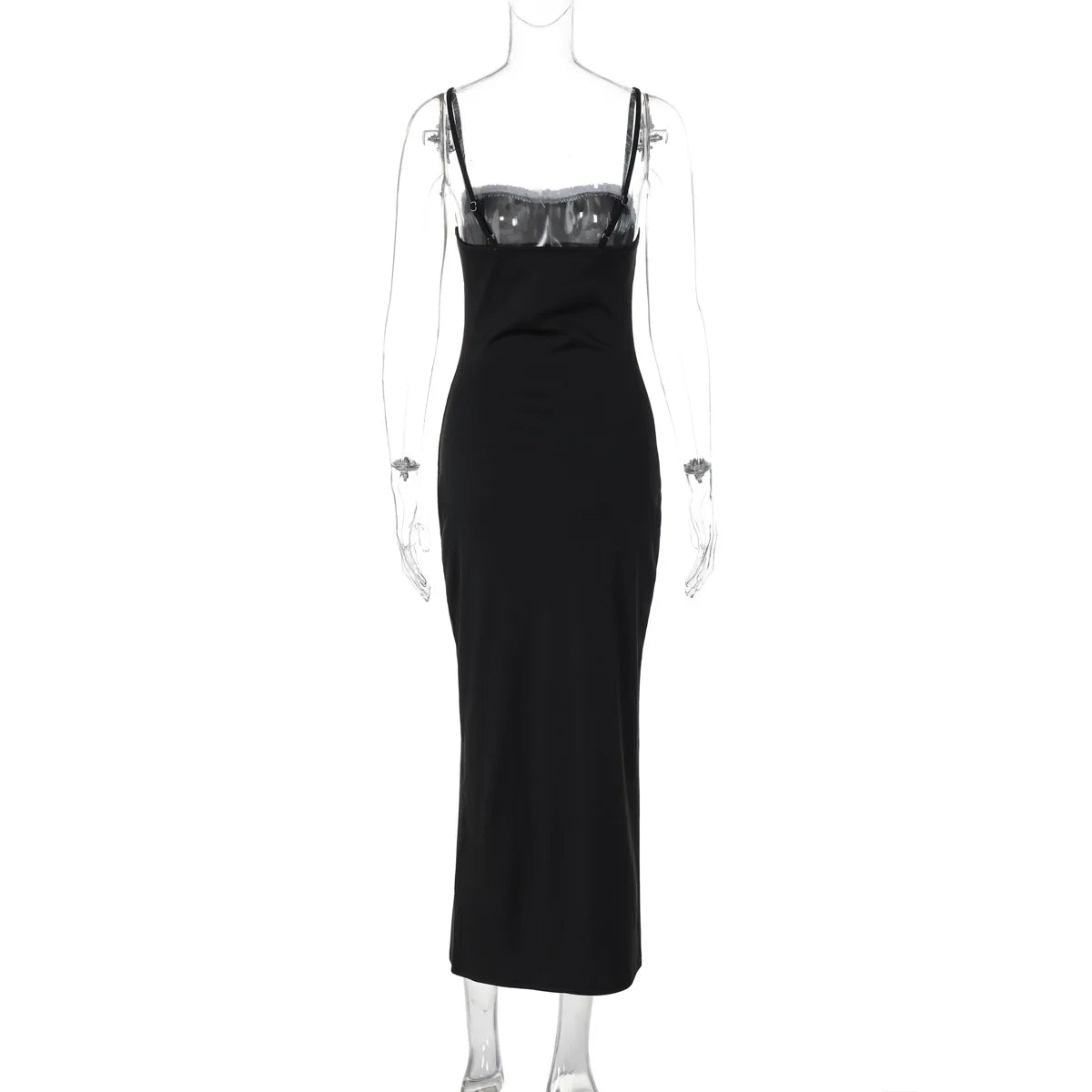 Open Back Lace Patchwork Black Strap Maxi Dress
