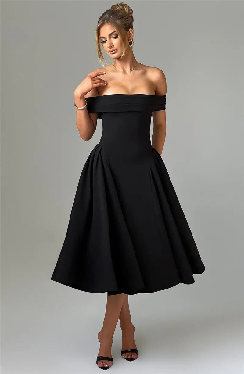Off Shoulder Flared Elegant Midi Dress