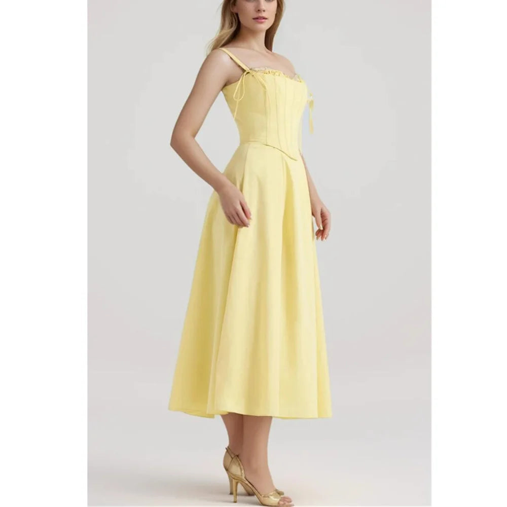 Yellow Slit Cross Laced Top Midi Dress