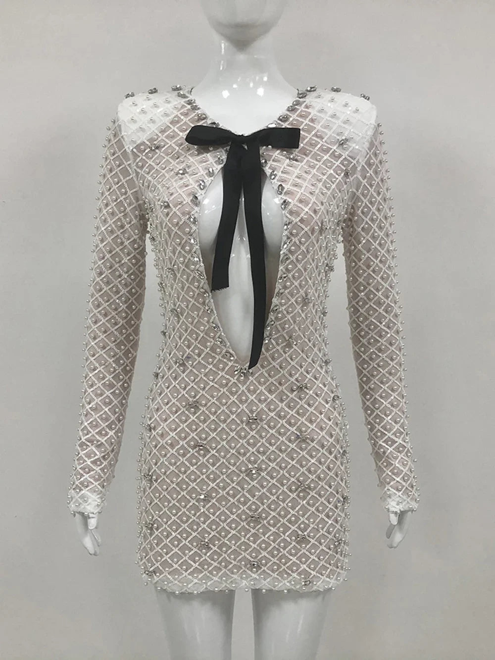 Pearl Sequin Long Sleeve Party Mini Dress