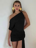 Draped Irregular Oblique Shoulder Mini Dress