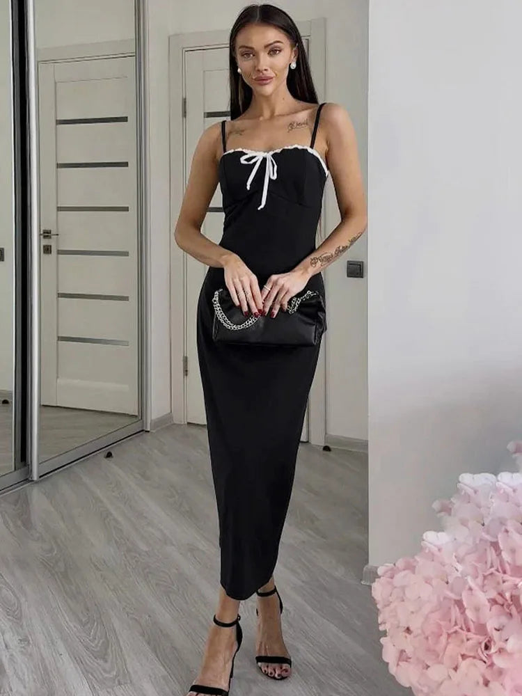 Open Back Lace Patchwork Black Strap Maxi Dress