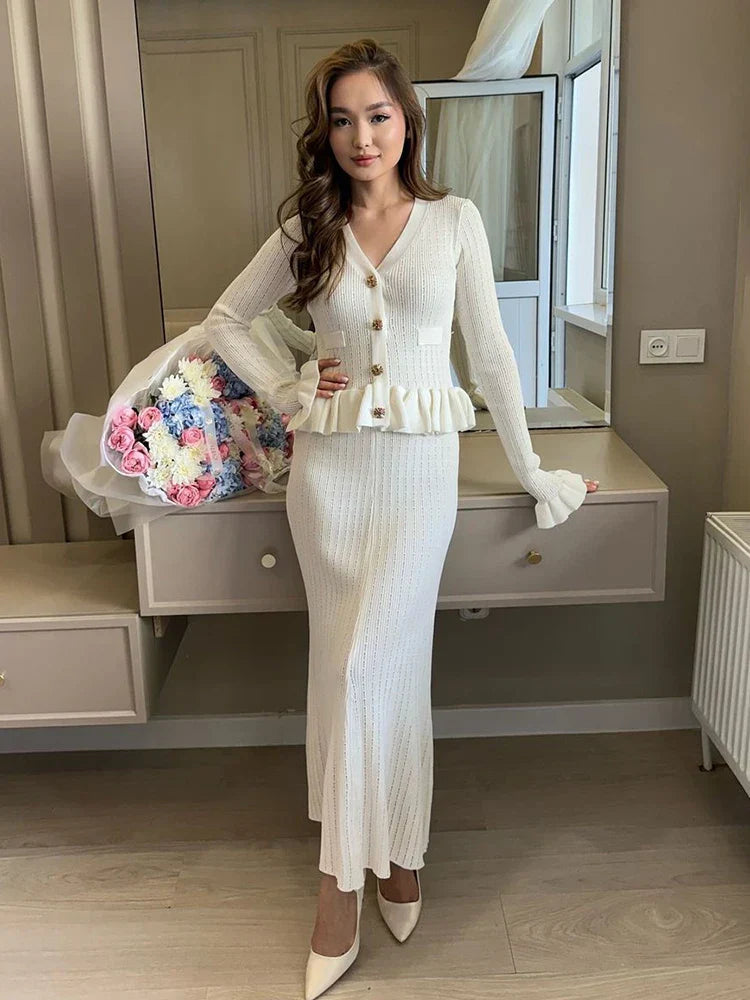 Ruffle Knit Long Sleeve Mermaid Midi Dress