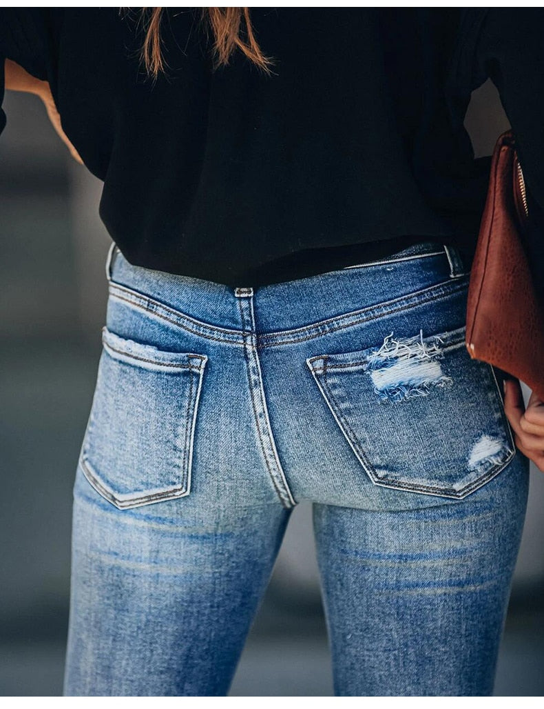 Blue Ripped High Waist Slim Denim Jean