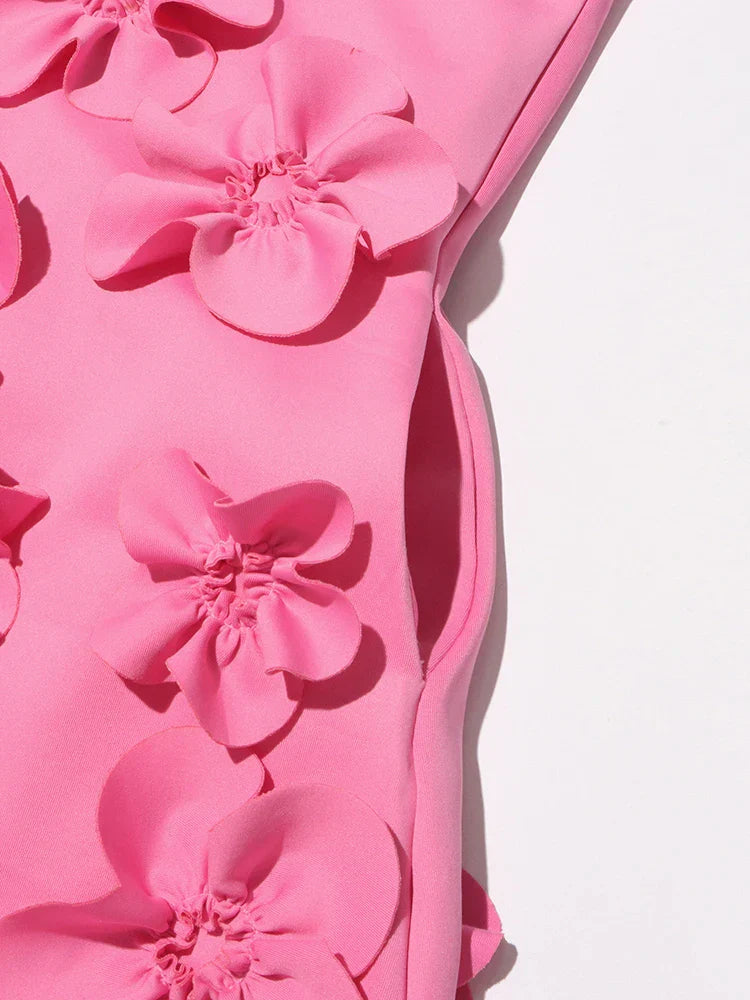 3D Flower Applique Mock Neck Midi Dress