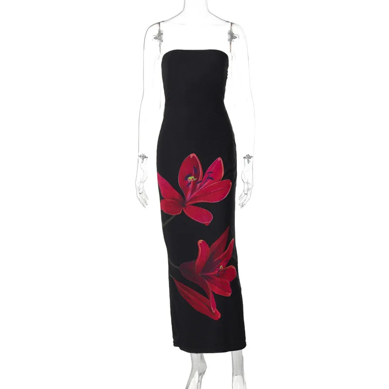 Black Tube Flower Back Tie Maxi Dress