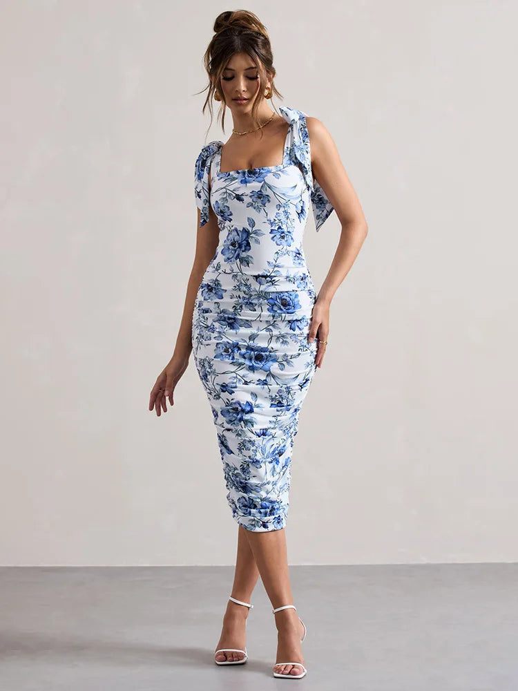 Floral Square Neck Vintage Midi Dress