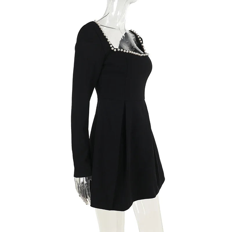Pearl Square Neck Long Sleeve Elegant Mini Dress