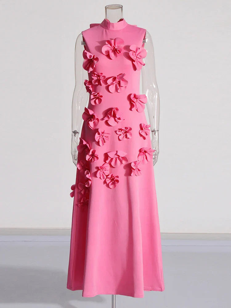 3D Flower Applique Mock Neck Midi Dress