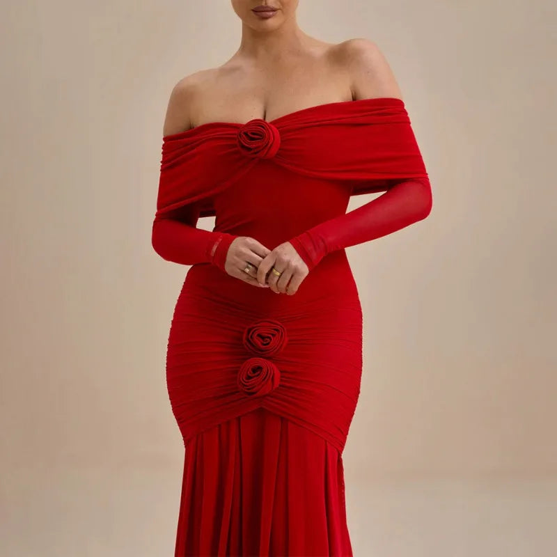 3D Flower Mesh Long Sleeve Fishtail Maxi Dress