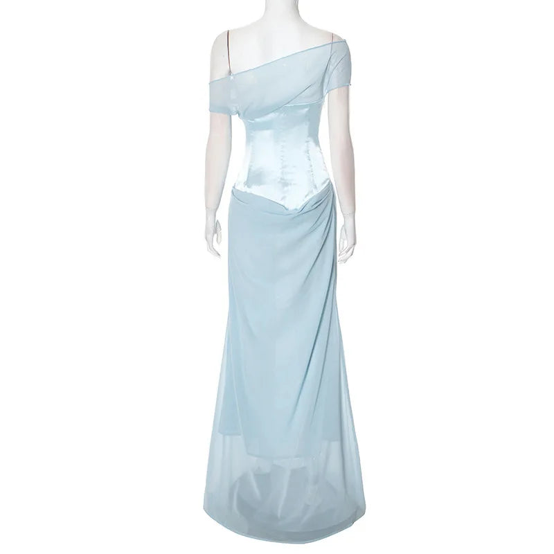 Patchwork Diagonal Collar Maxi Dress