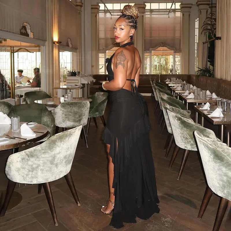 Black Deep Neck Open Back Ruffled Maxi Dress