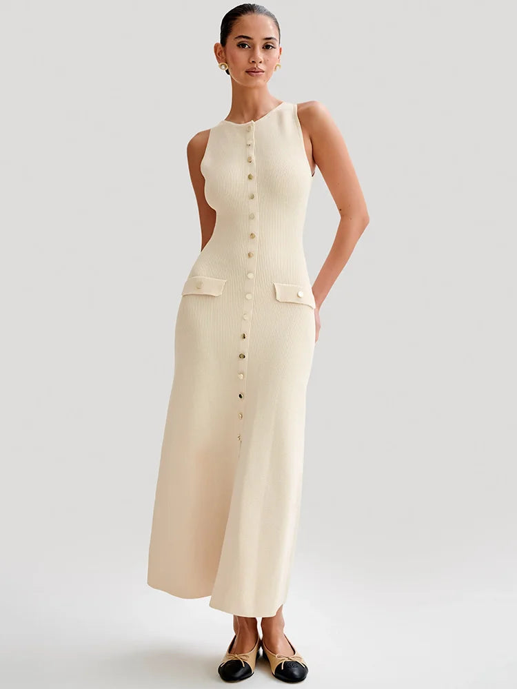 Knit Maxi Dress with Pockets Button Front