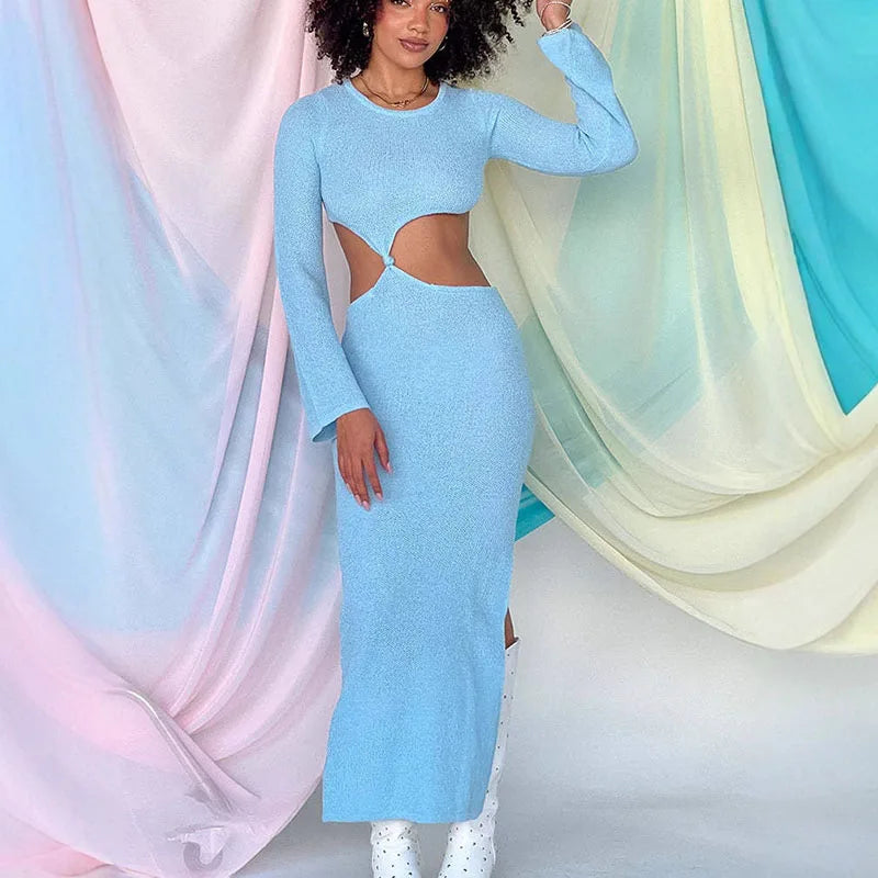 Knitted Hollow O Neck Slit Maxi Dress