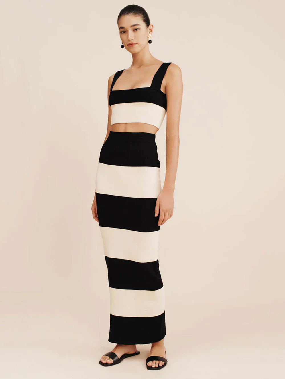 Striped Knit Crop Top Midi Skirt Set Dress