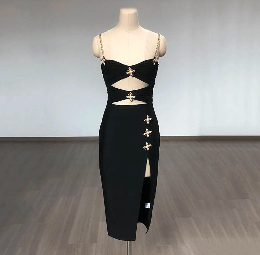 Black Cross Brooch Slit Bandage Midi Dress