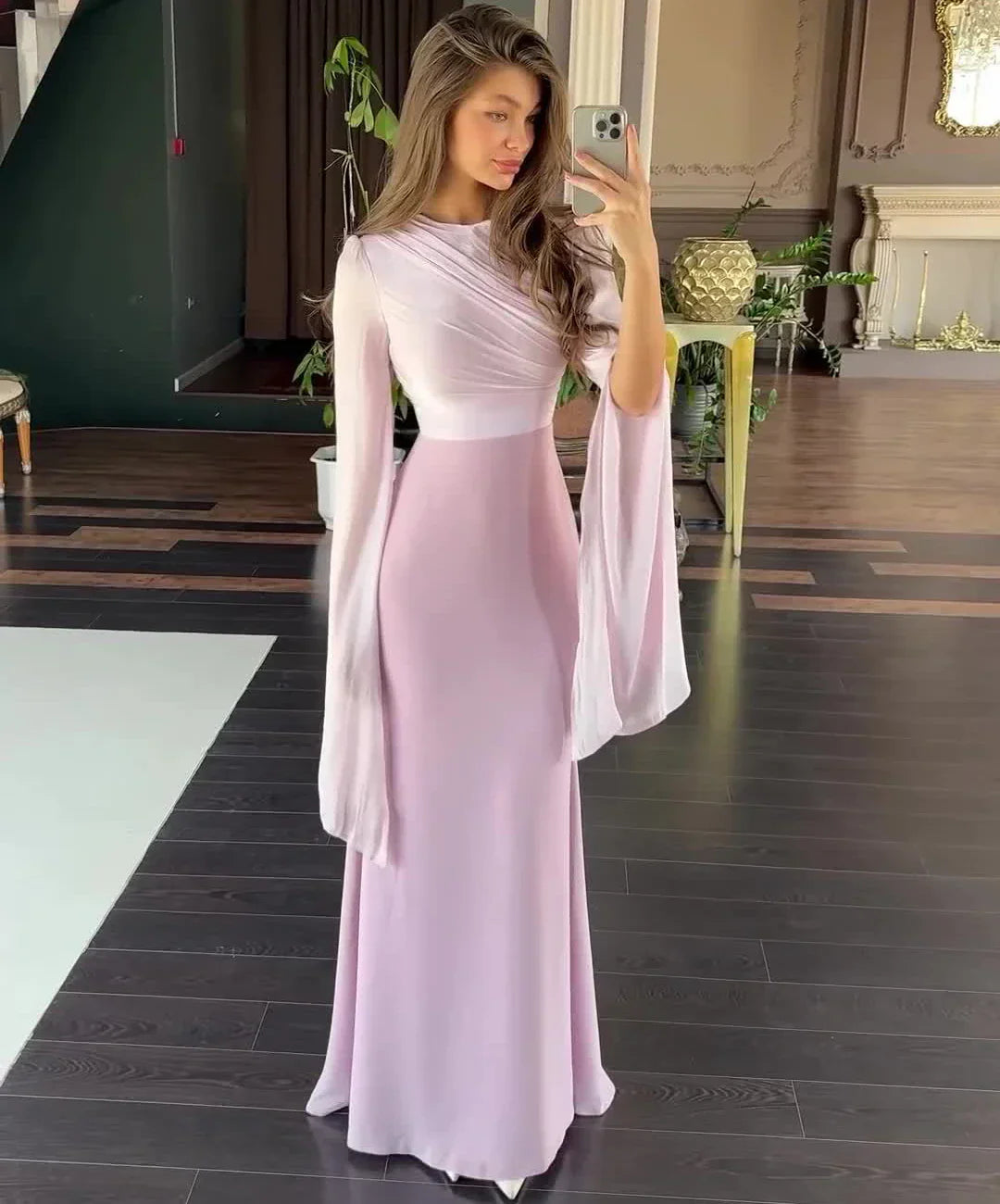 Patchwork Draped Long Sleeve Maxi Dress