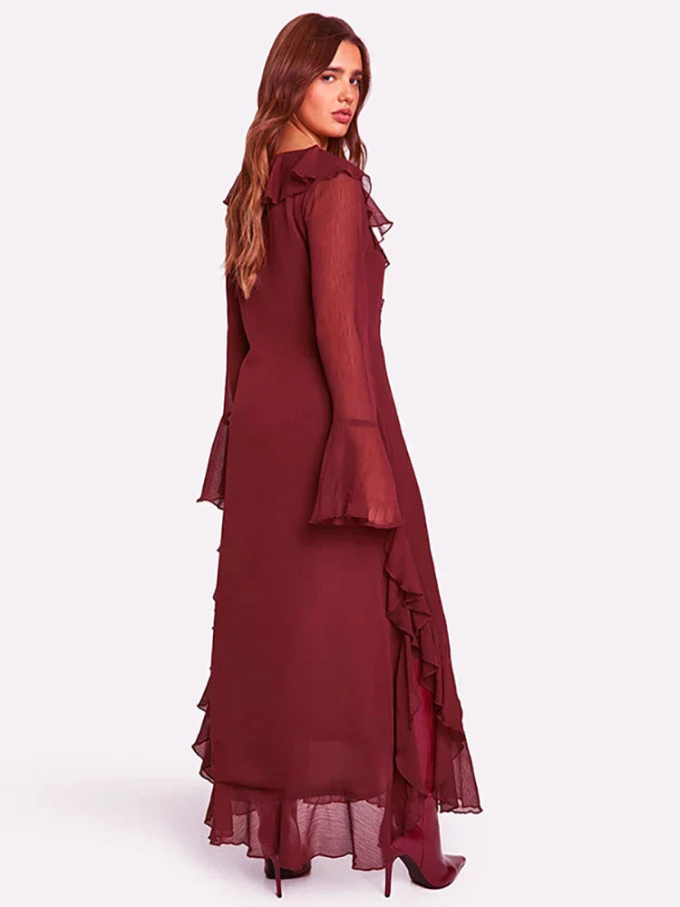 Ruffled Red Flare Sleeve Maxi Dress