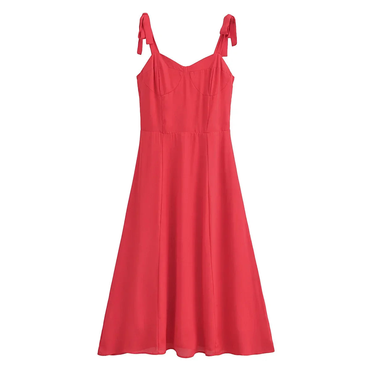 Red Bow Strap Elegant Tie Midi Dress