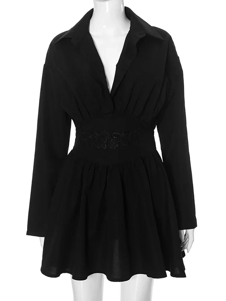 Turn-Down Collar Pleated Mini Party Dress
