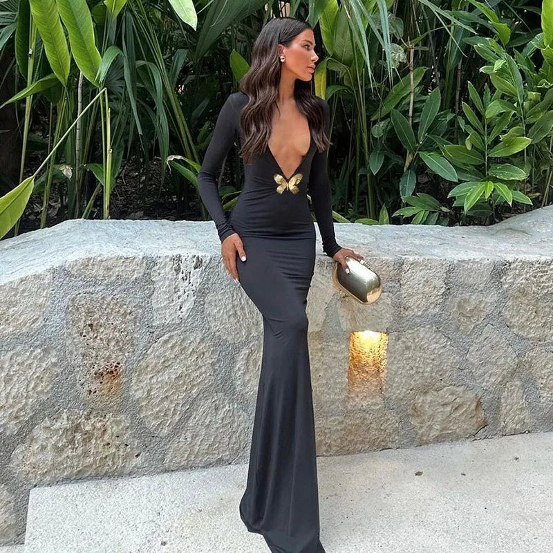 Black Fishtail Dramatic Butterfly Party Dress