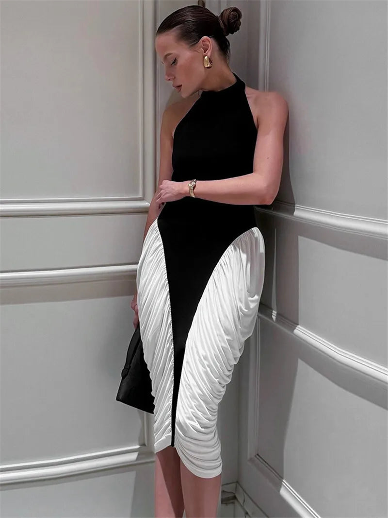 Patchwork Halter Pleated Contrast Midi Dress