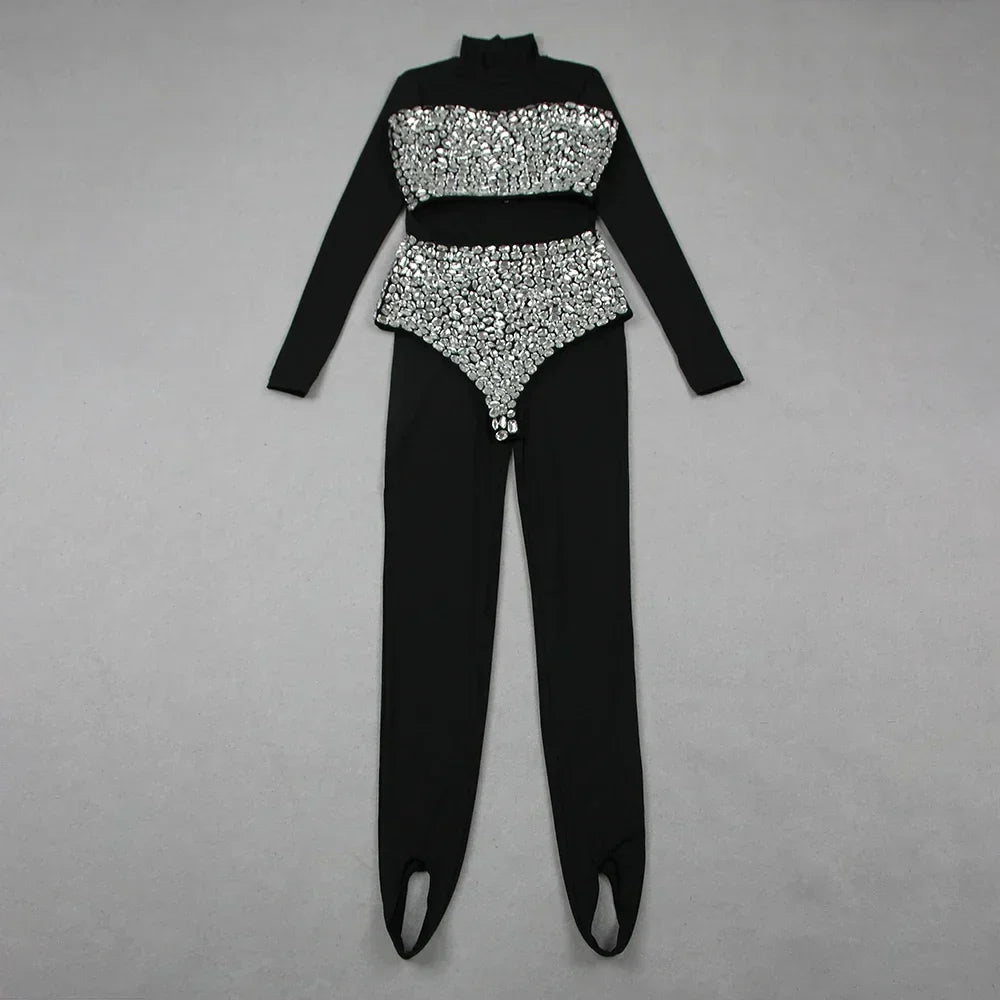 Diamond Decorated High Waist Jumpsuit Party Dress
