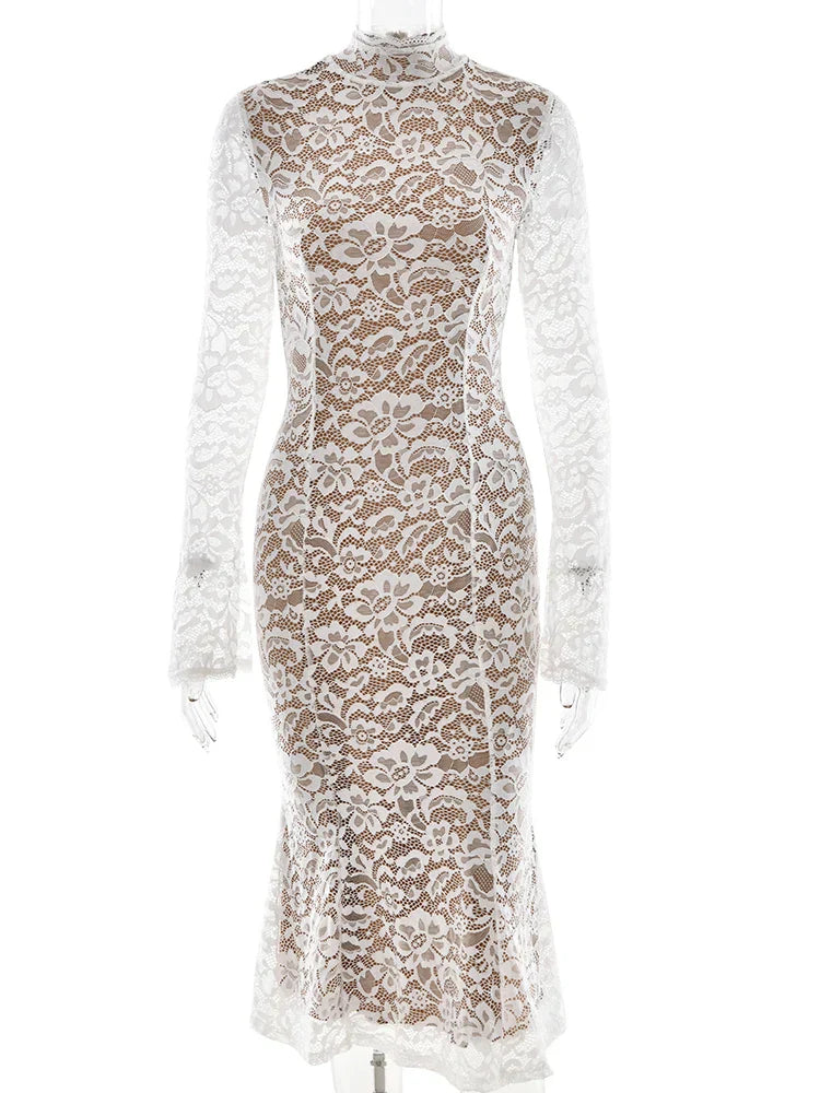 Lace White Long Sleeve Turtleneck Party Dress