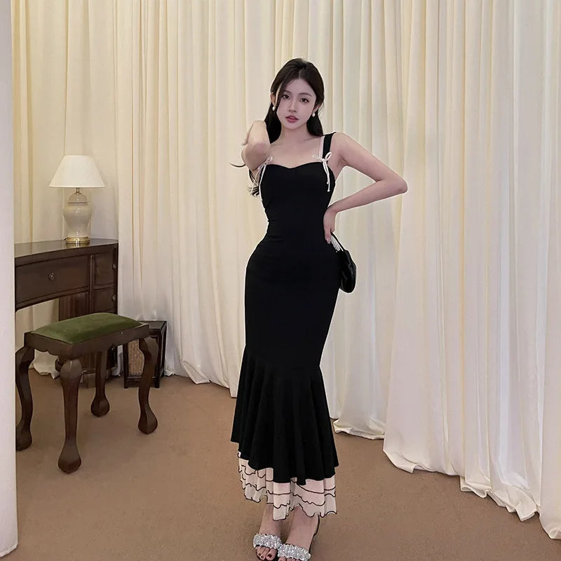Black Ruffle Trim Fishtail Party Dress