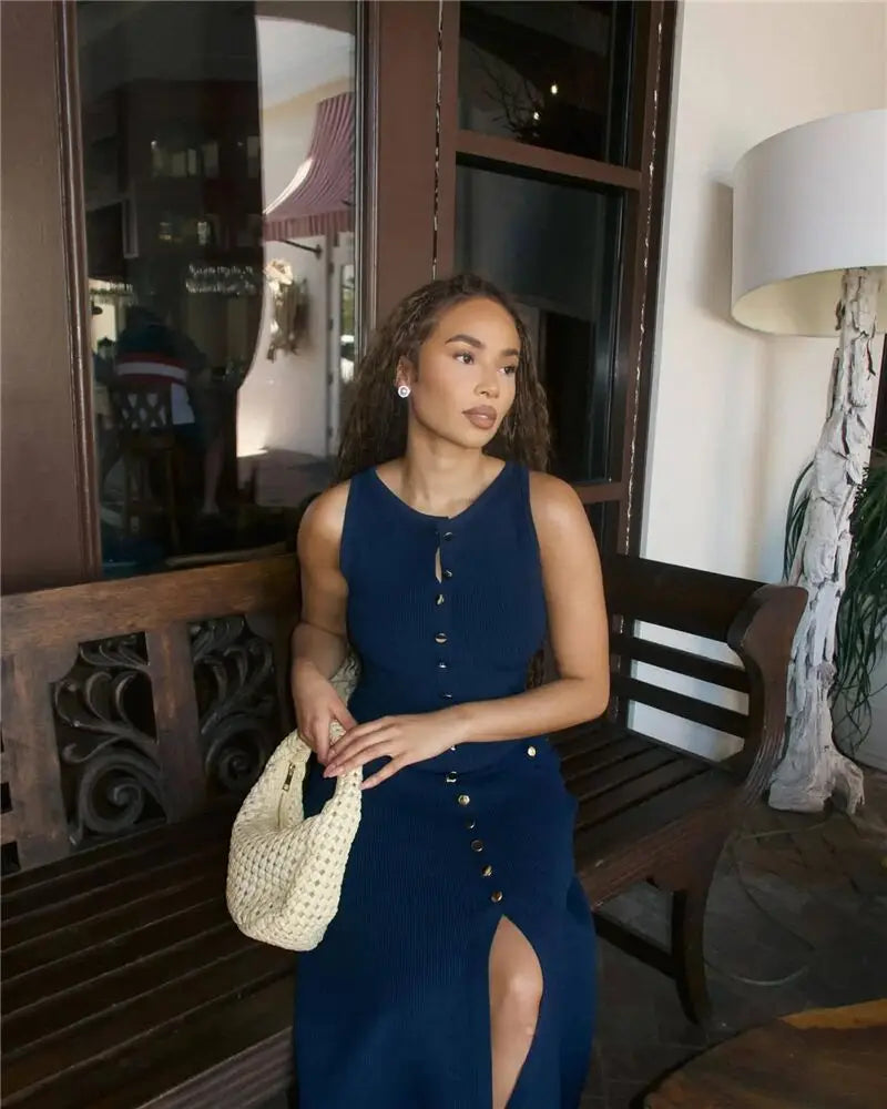 Knit Maxi Dress with Pockets Button Front