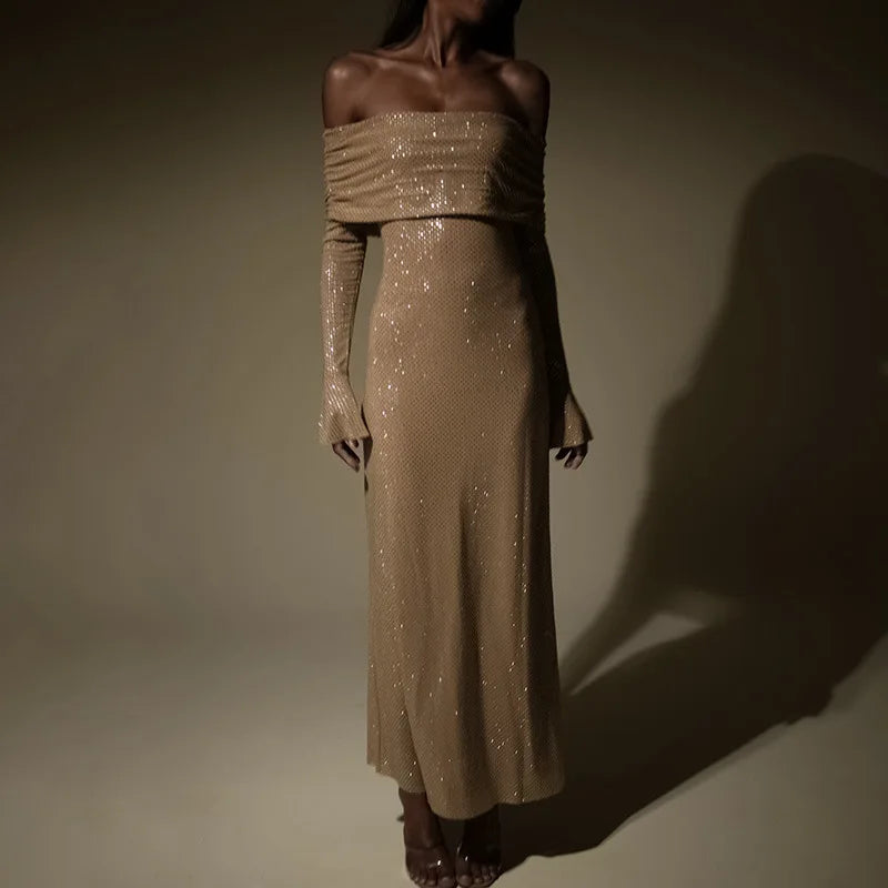 Off Shoulder Sparkle Glitter Nightclub Maxi Dress