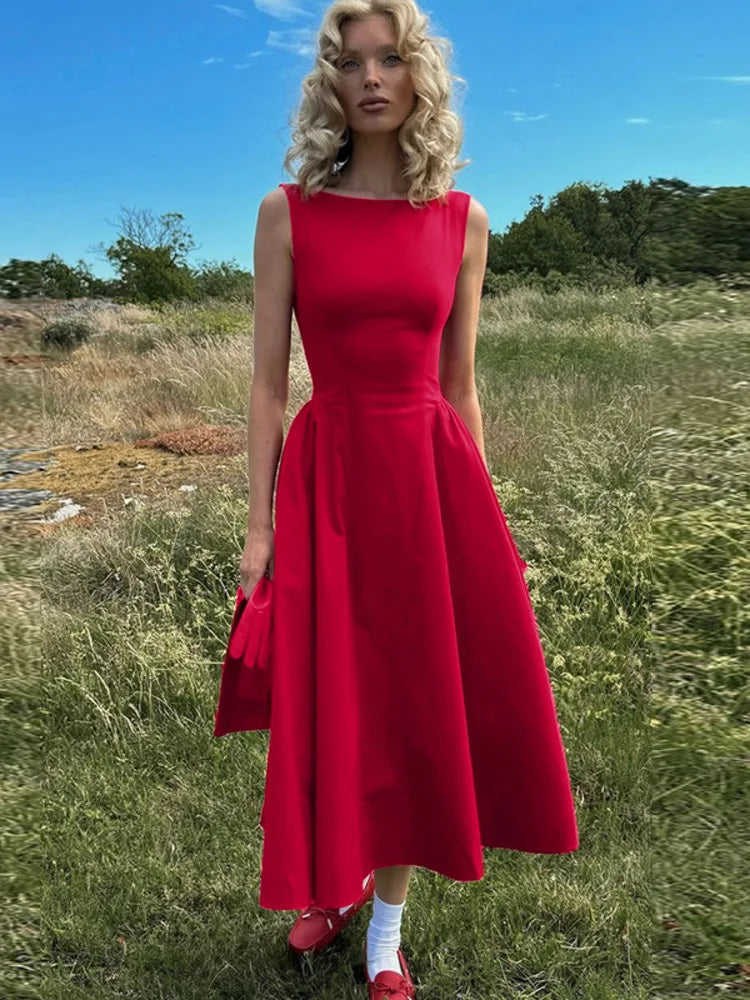 Straight Neck Flared Sleeveless Midi Dress