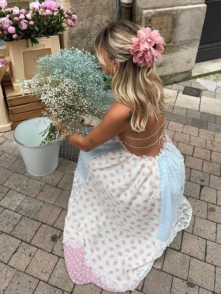 Lace Patchwork Halter Maxi Party Dress