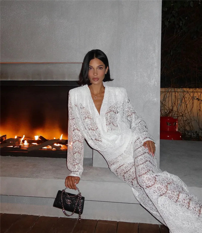 White Lace Two-Piece Loose Pants Party Dress